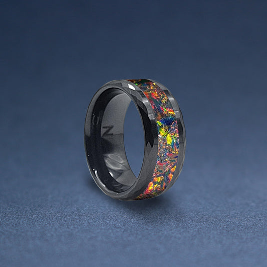 Custom Cremation Hammered Black Ceramic Ring